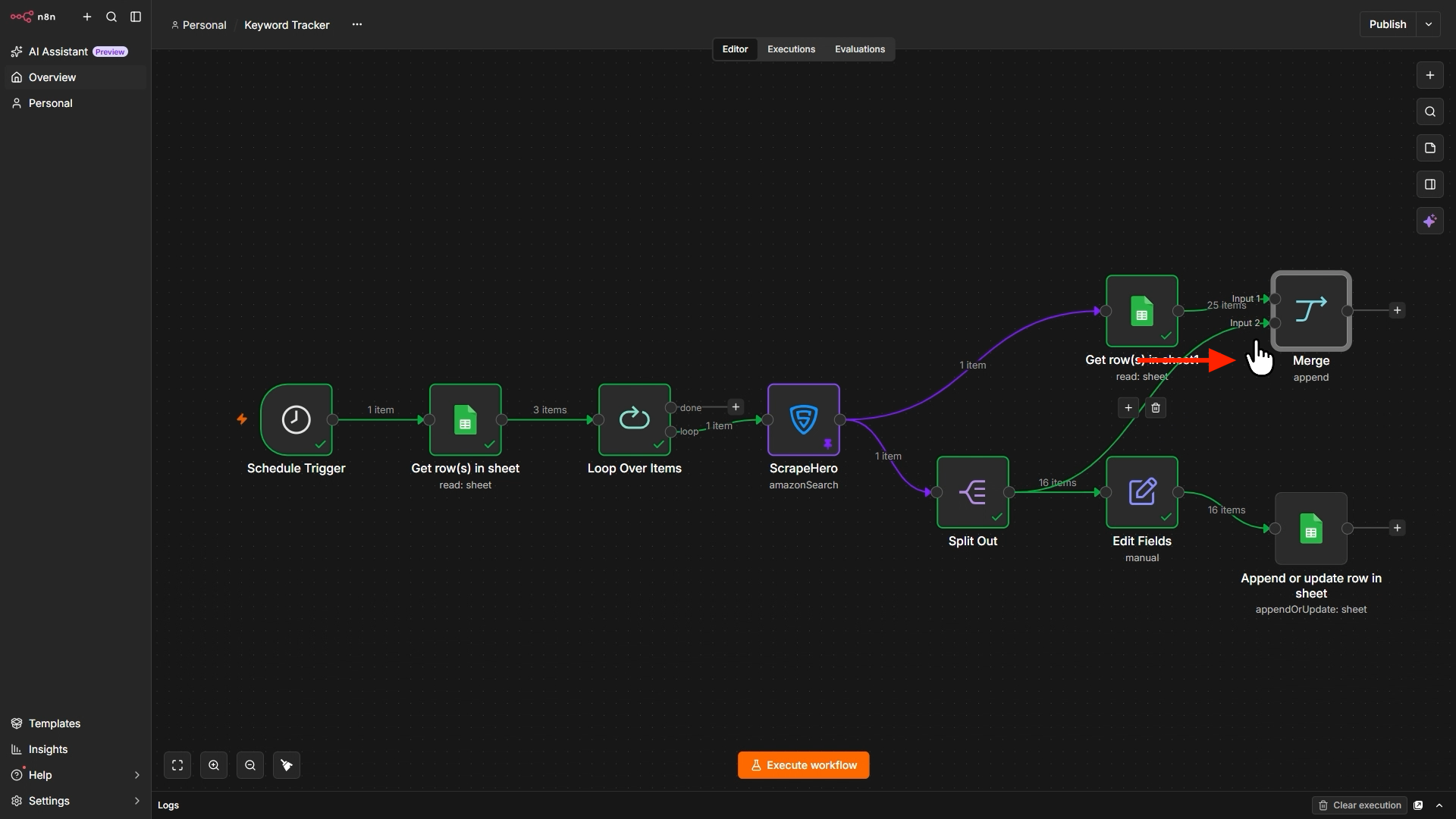 Adding Edit Fields node (new data) to Input 1 and the Get Existing Listings node to Input 2 of the Merge node.