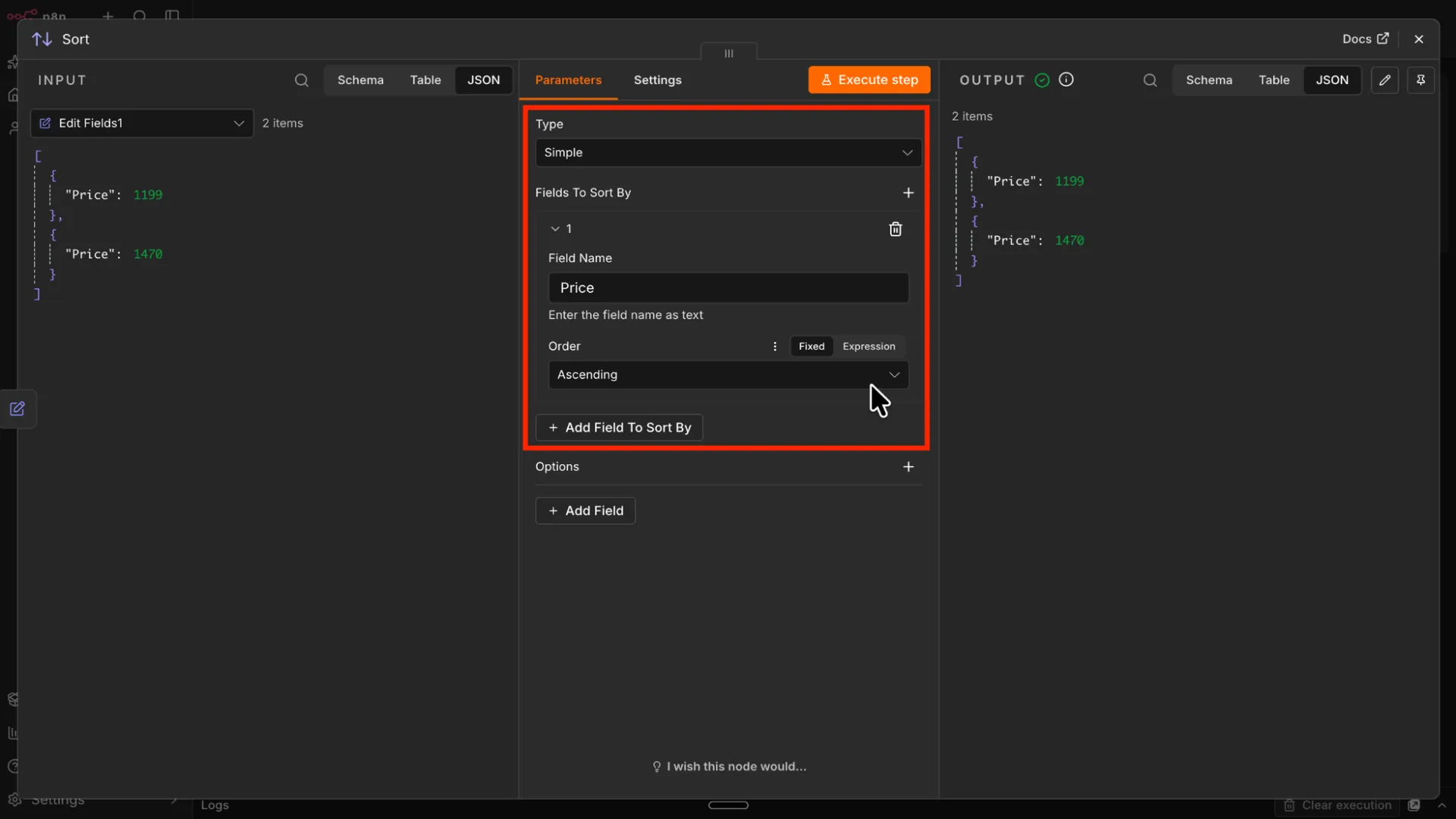 Configuring the sort node in an n8n workflow