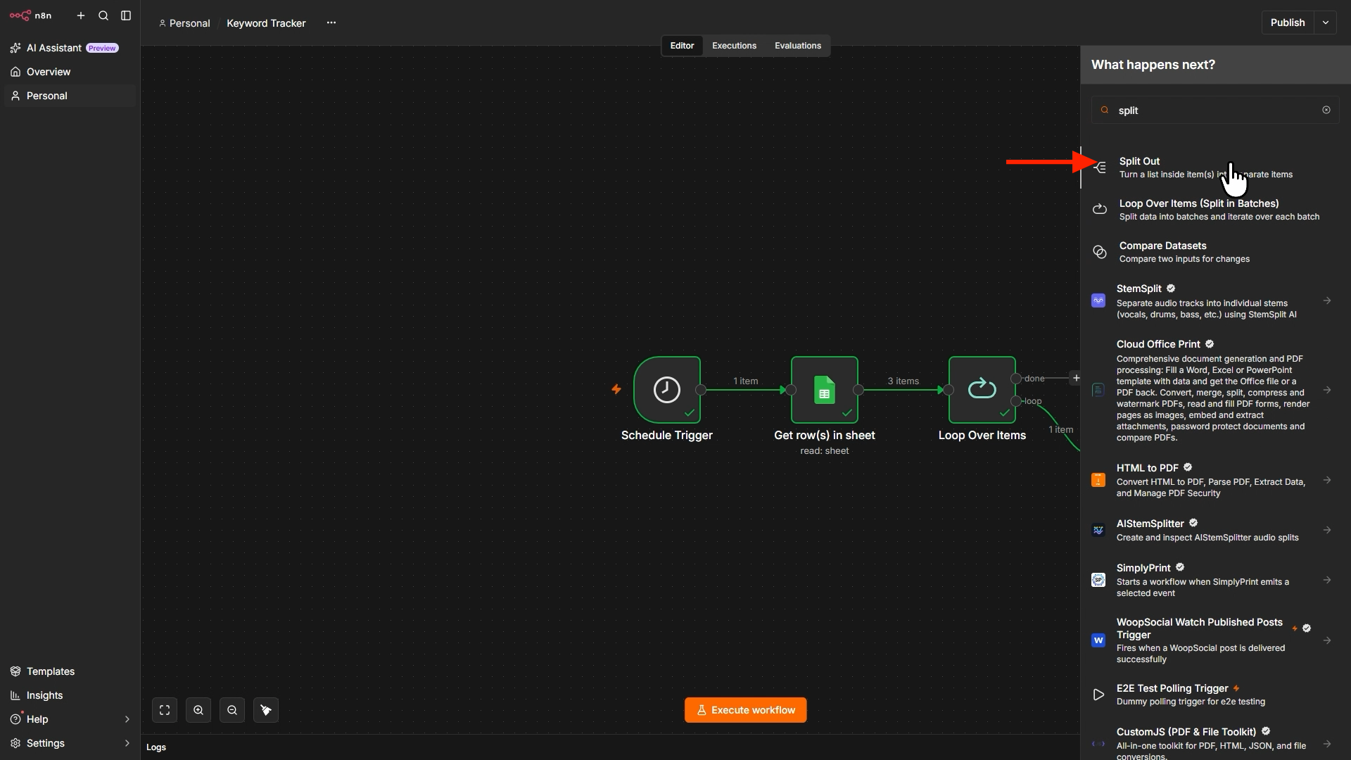 Adding Split Out node in an n8n workflow