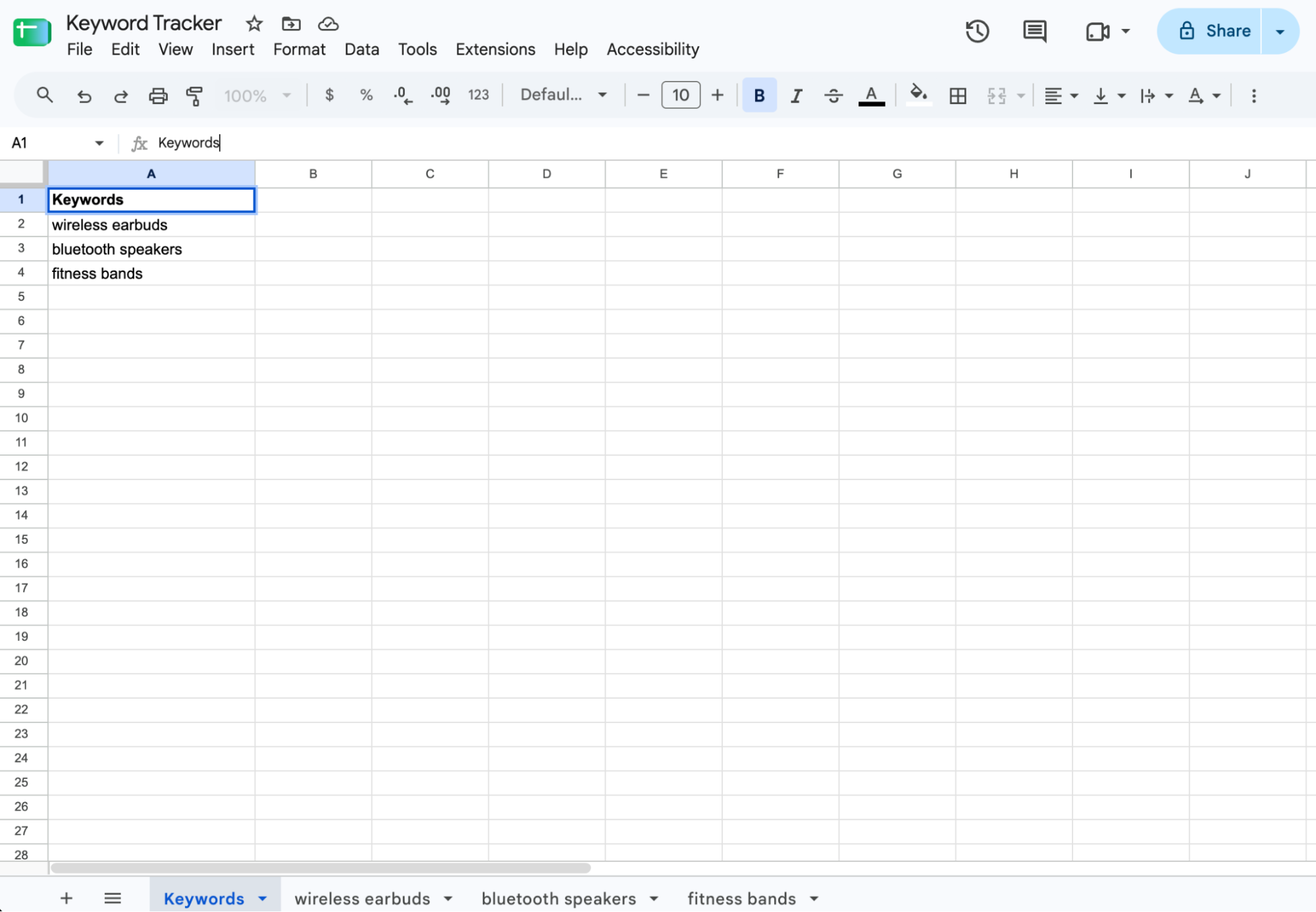 Google sheet containing a list of keywords