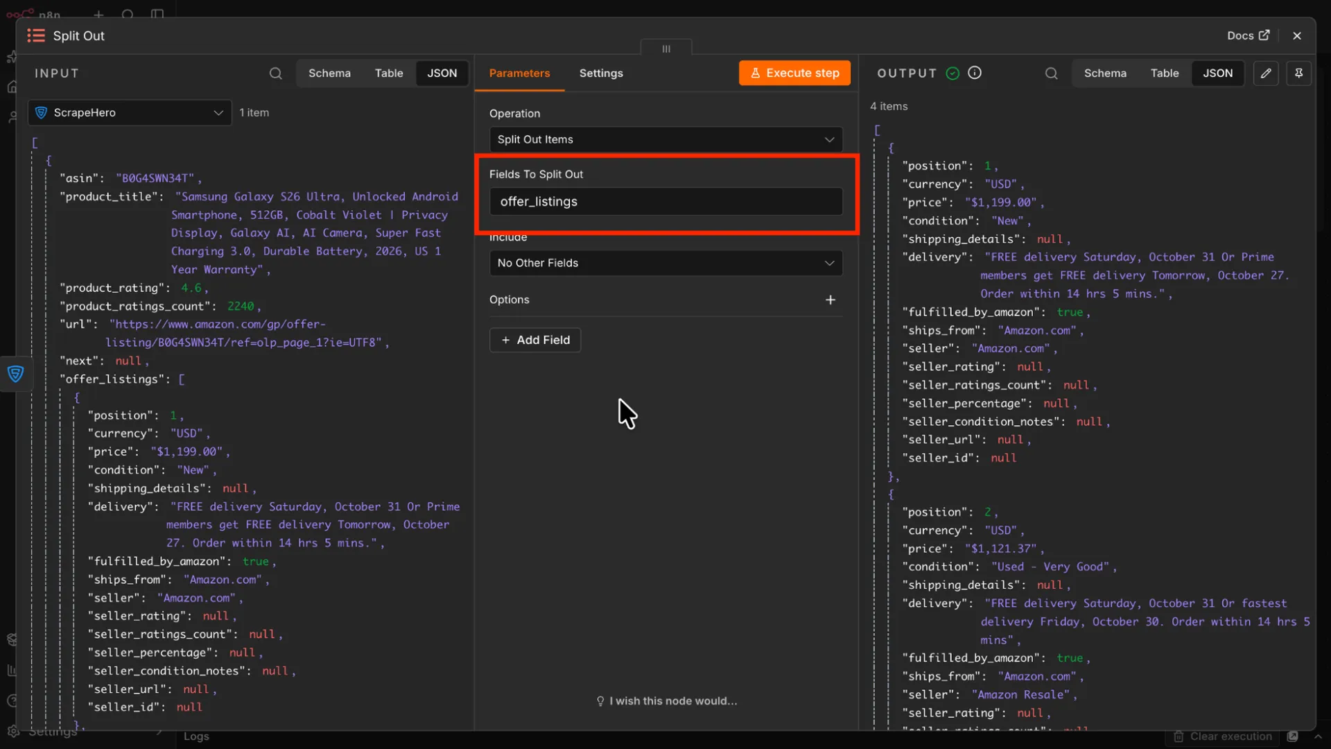 Configuring the Split Out node to separate the offers