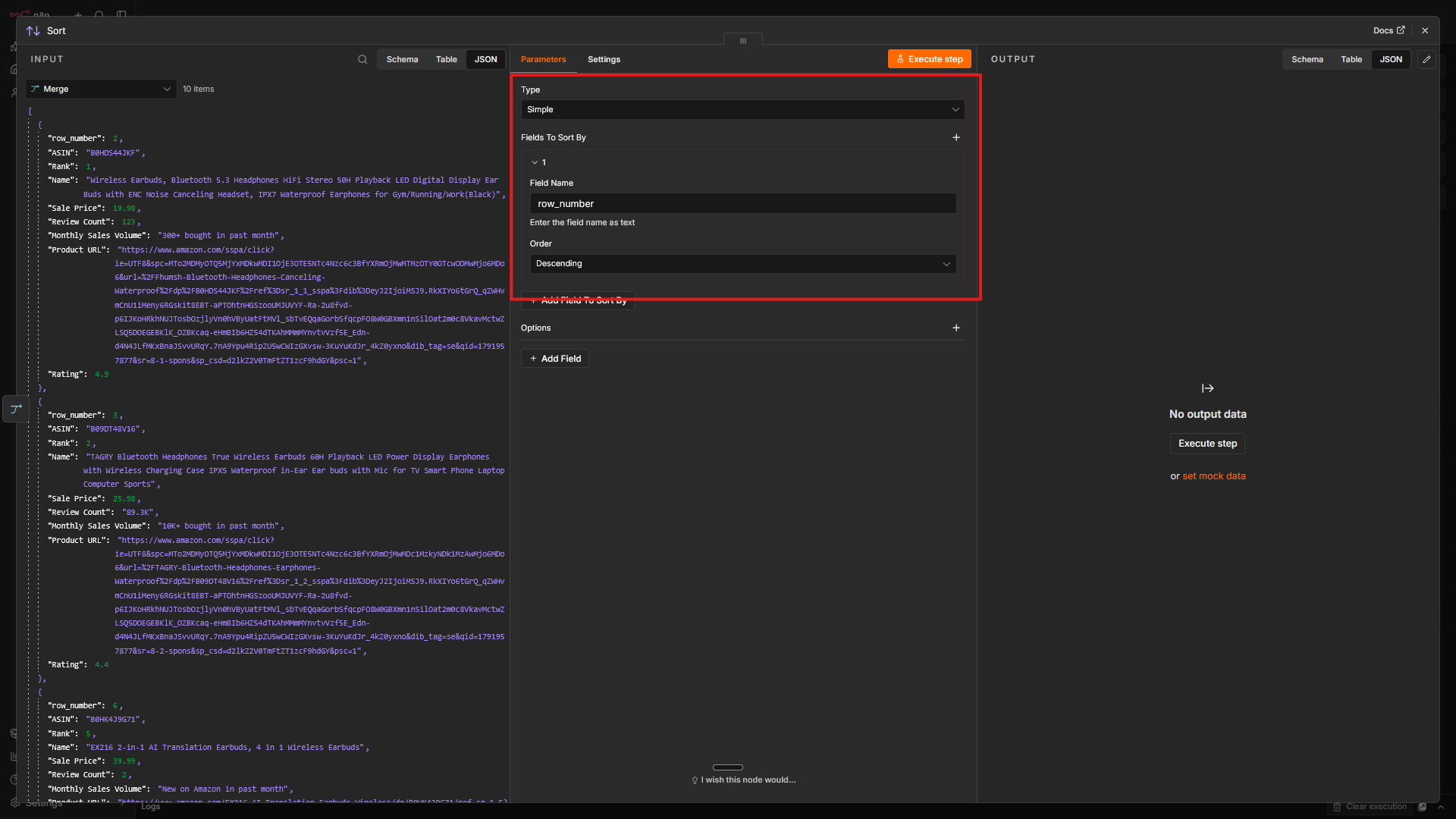 Configuring the Sort node in an n8n workflow