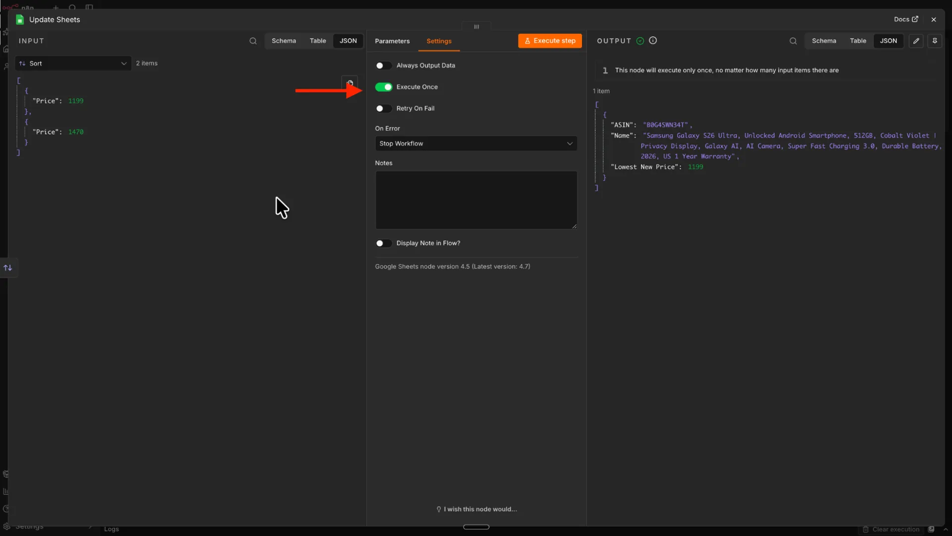 Switching on Execute Once in the Google Sheets node