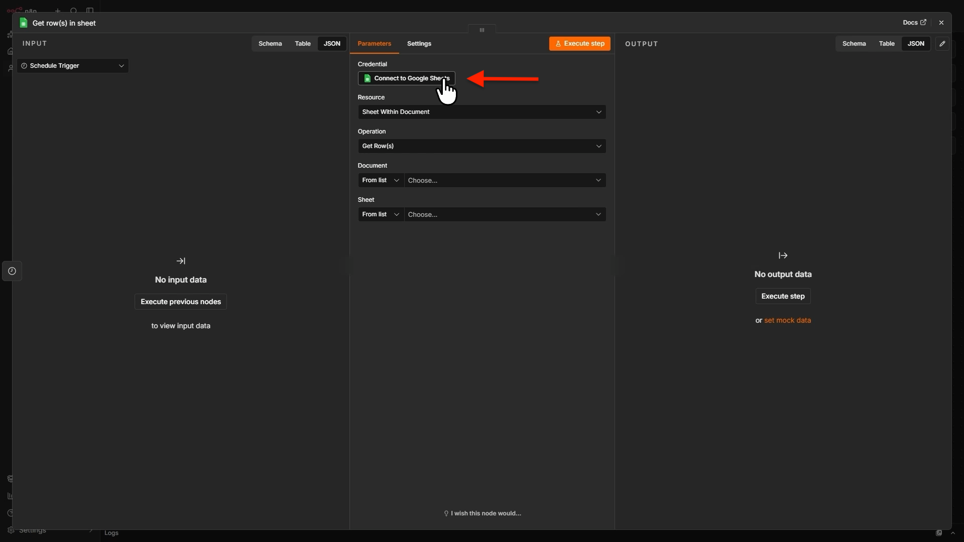 Clicking Connect to Google Sheets in an n8n Google Sheets Node