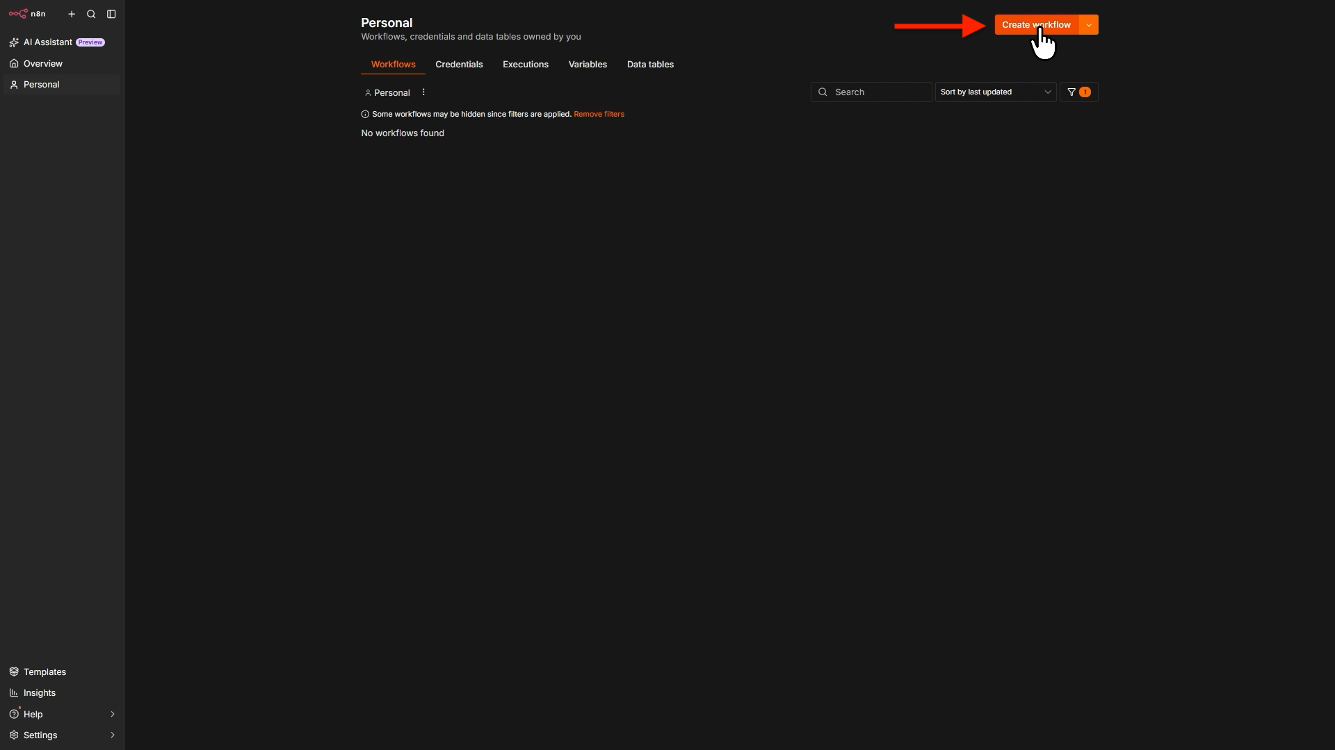 Clicking create workflow on n8n dashboard