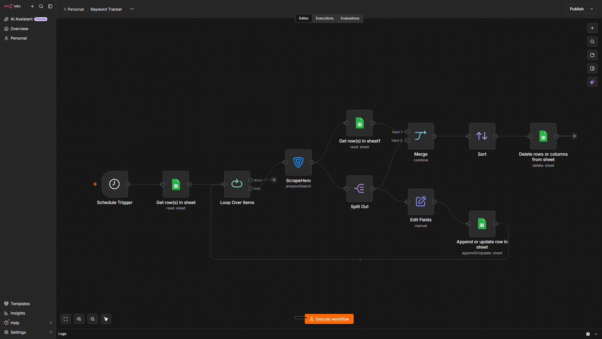 The complete workflow to track product listings using for specific keywords