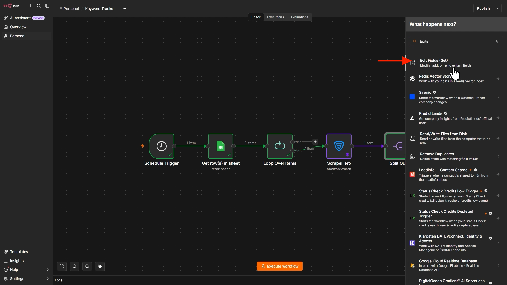 Adding Edit Fields node in an n8n workflow