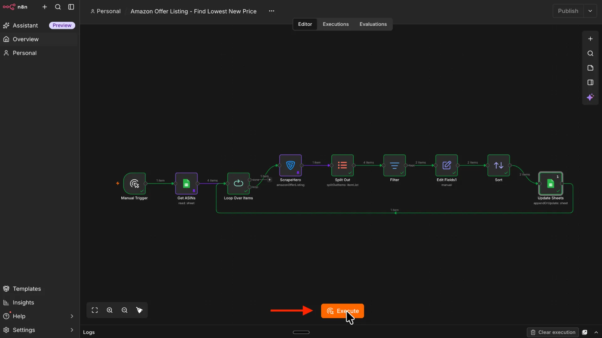 Clicking Execute Workflow at the bottom of the Canvas
