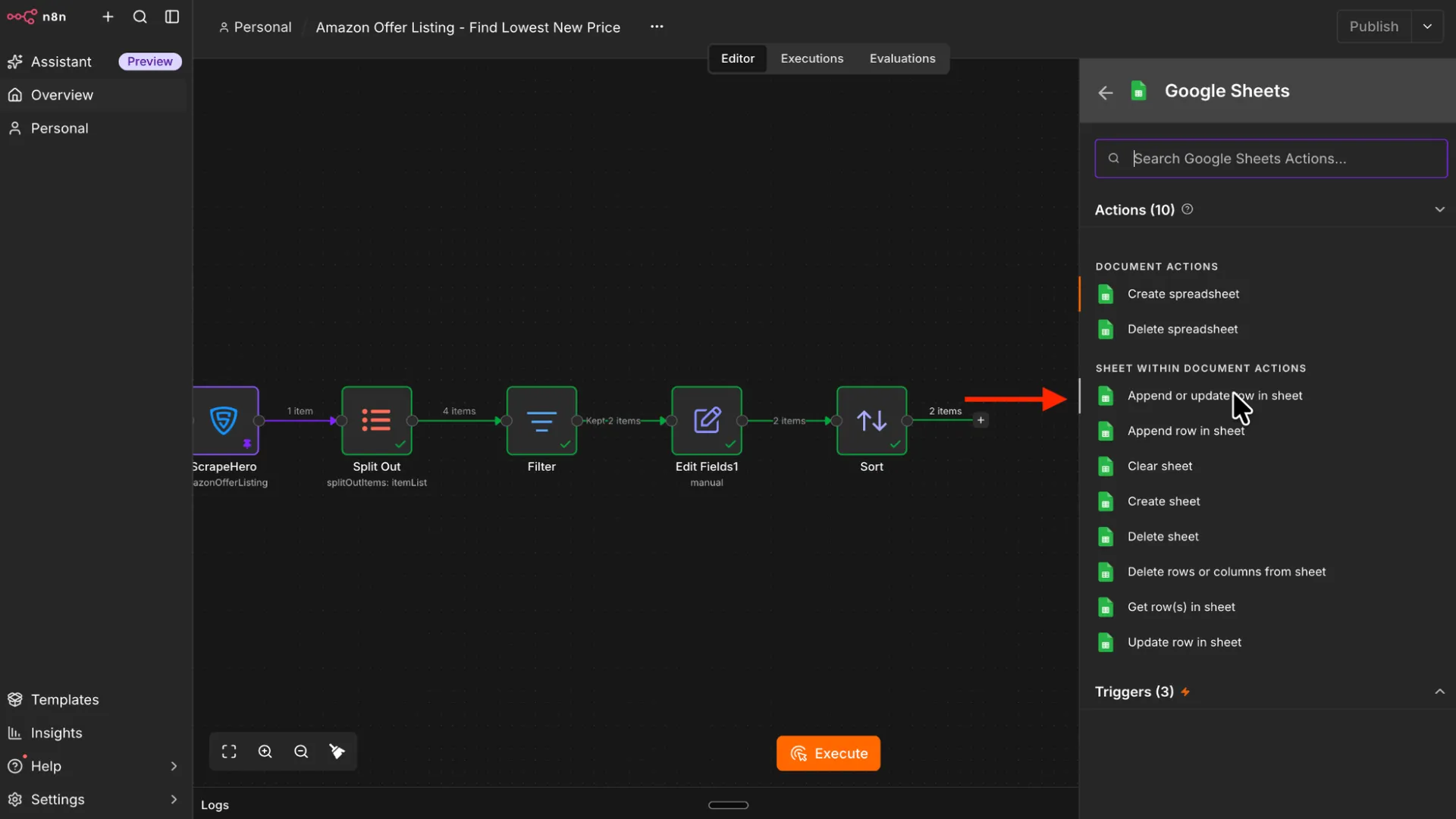 Adding an Append or Update Google Sheet node after the Sort node