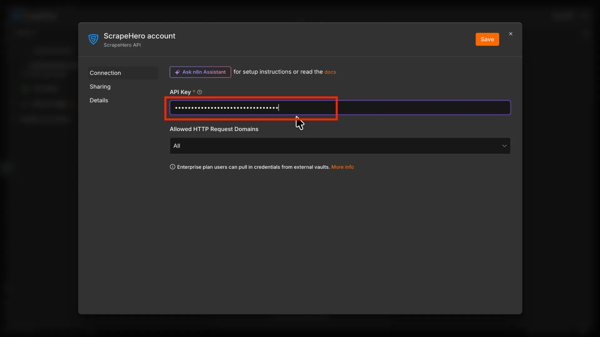 Pasting ScrapeHero Cloud's API key in the ScrapeHero N8N node