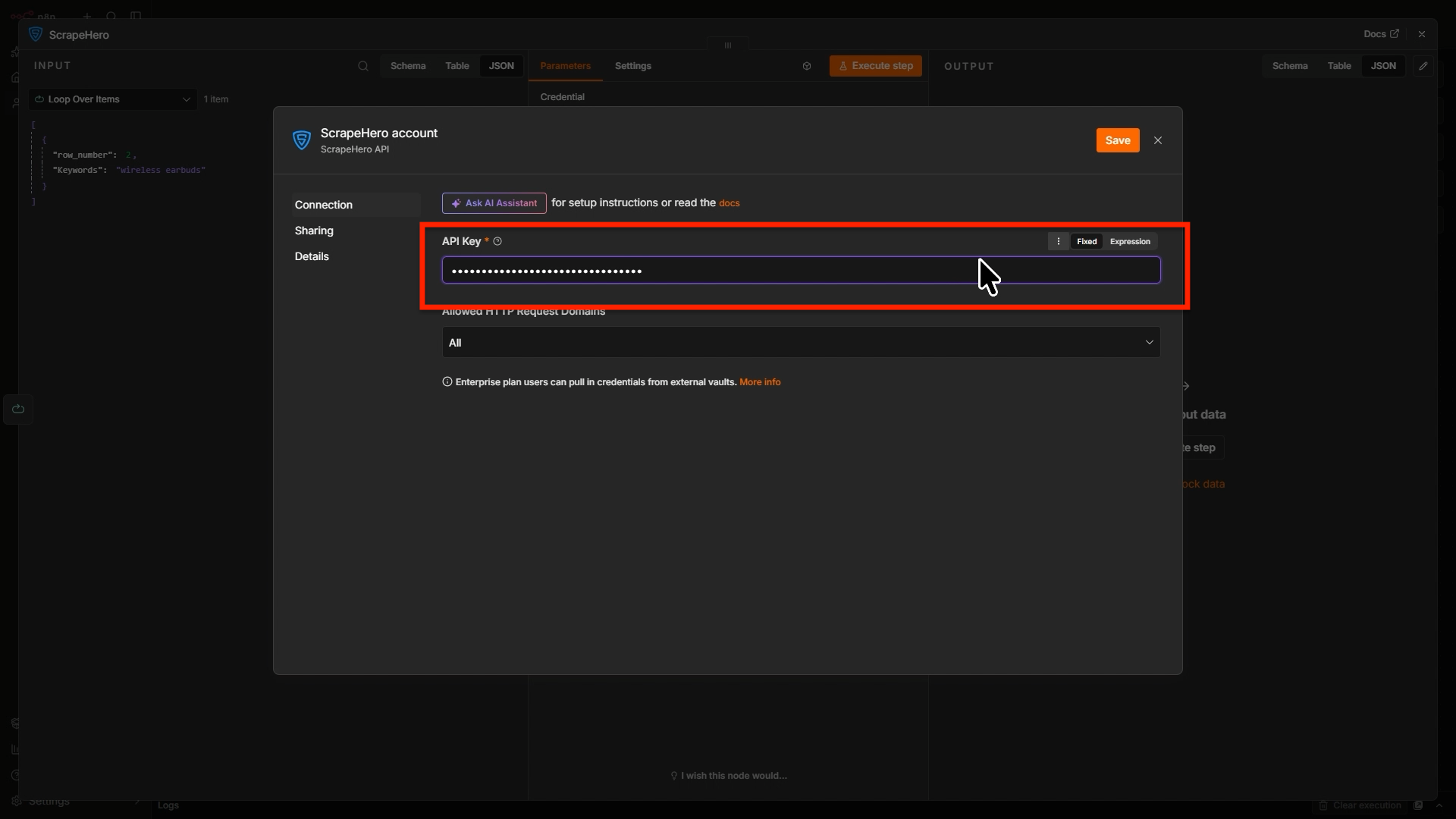 Pasting the ScrapeHero API key inside the ScrapeHero node