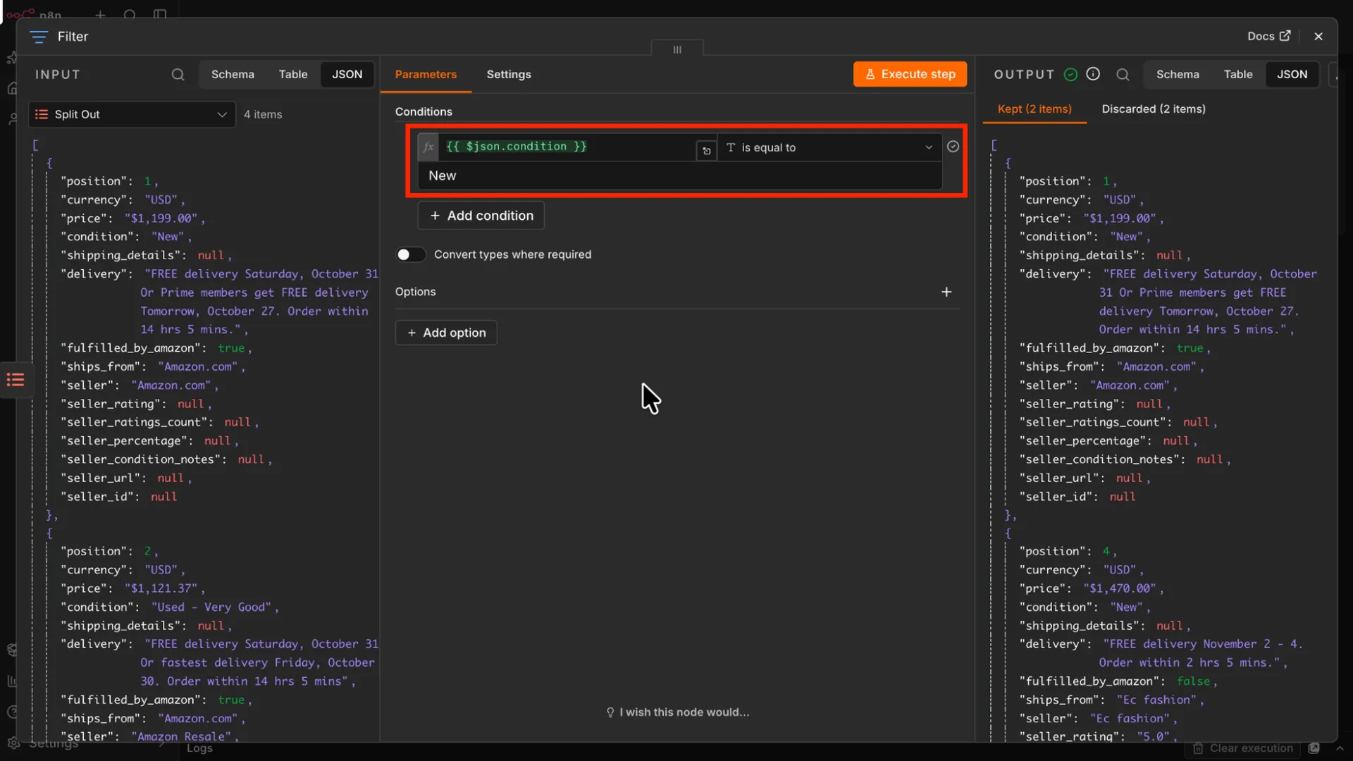 Configuring the Filter node in an n8n workflow