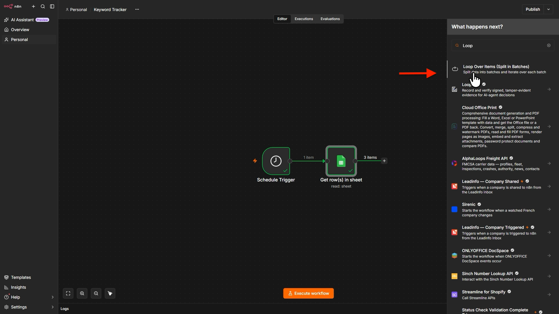 Adding Loop Over Item in a n8n workflow